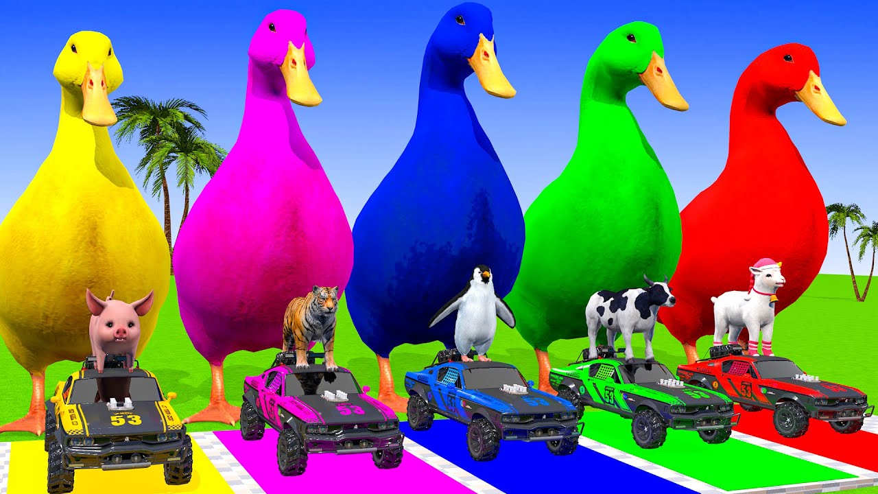 Long Slide Game With Cow Elephant Gorilla Hippopotamus Tiger - 3d Animal Game - Funny 3d Animals
