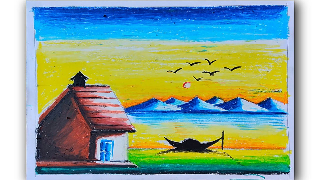 Simple scenery drawing for beginners/Oil pastel scenery drawing 