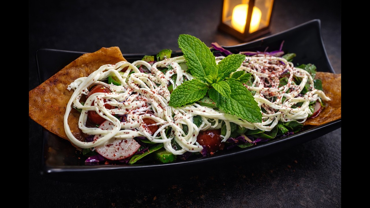 فتوش لبناني فاخر بجبنة مشللة وقرمشة الخبز المقلي 🥗🍽️