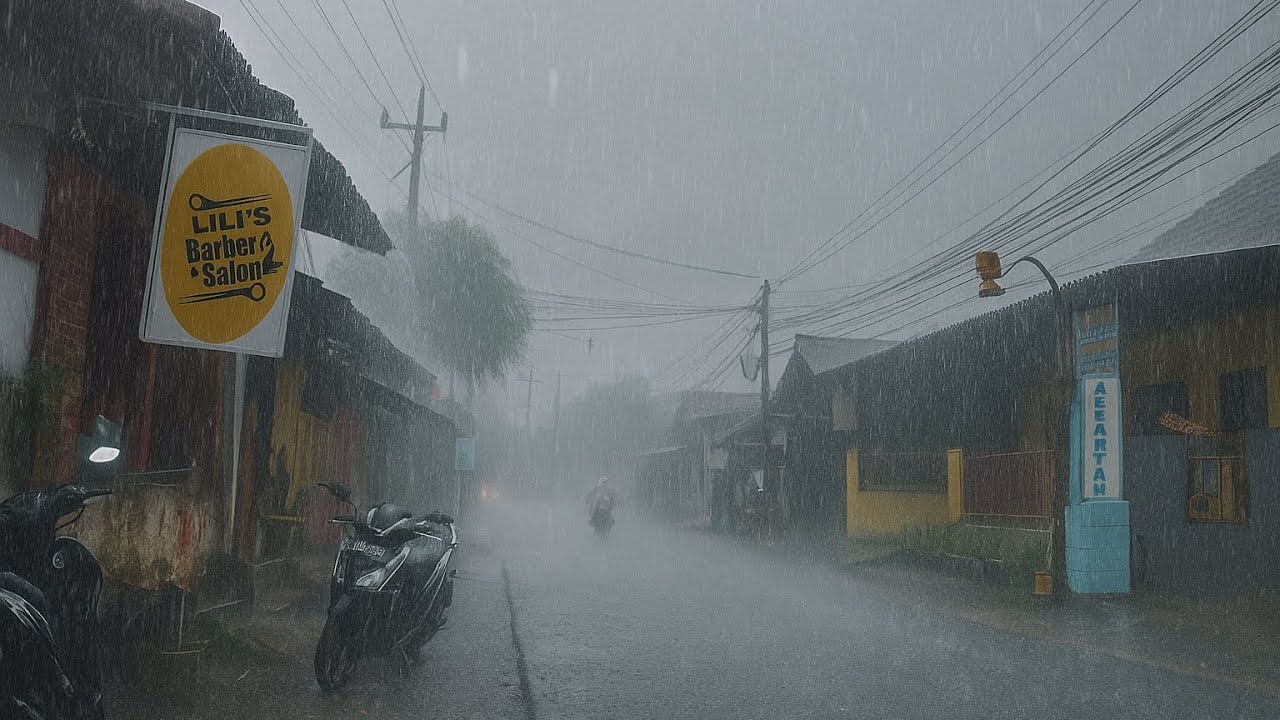 Сильный дождь. Прогулка по моей индонезийской деревне. Гроза. Зонт. Звуки дождя.