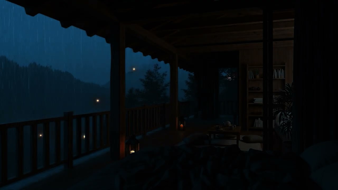 Soft Rain Falling on a Mountain Cabin Porch 🌧️  Quiet Night for Deep Sleep