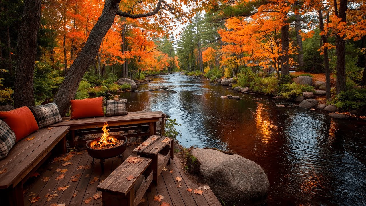 Calm River Morning | Autumn Cabin Porch with Birds & Cozy Firepit Ambience