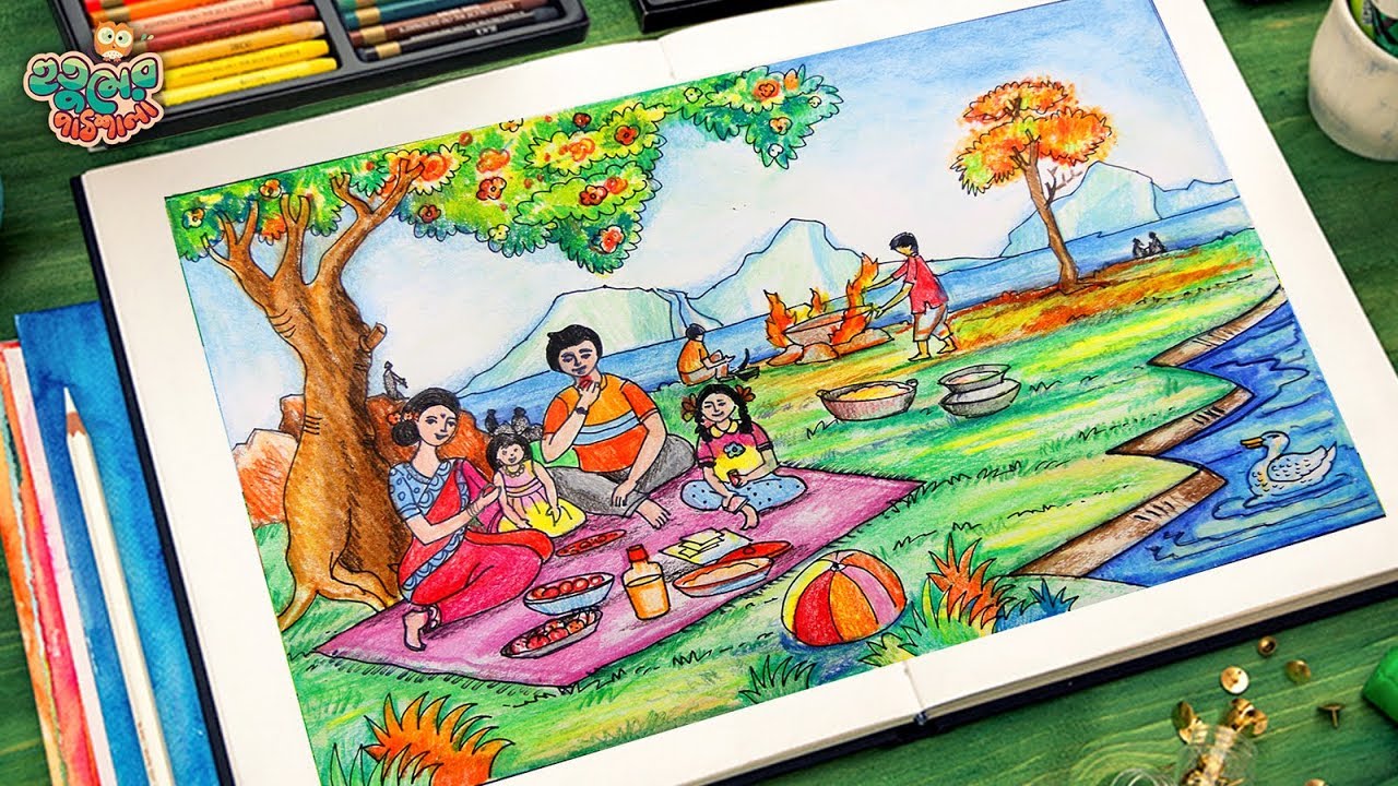 How to draw a family picnic | Picnic drawing | How to draw a picnic