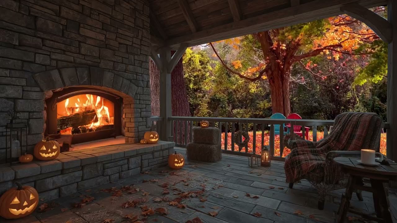 Autumn Porch Ambience — Wind in Trees & Fireplace — 3 HOURS | Eternal Relaxation