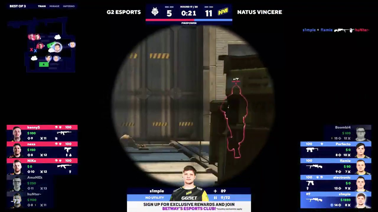 INCREDIBLE SHOTS FROM S1MPLE WITH SSG 08 (LAST NO SCOPE WAS AMAZING!!) ON TRAIN! NAVI VS G2 ESPORTS.