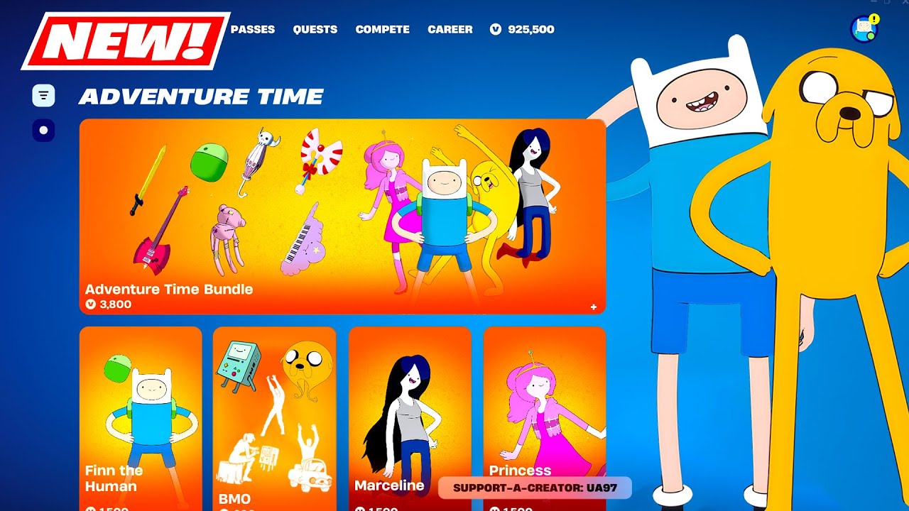 NEW Adventure Time SKINS & EMOTES BUNDLE Item Shop Fortnite (Finn, Jake, Princess, Marceline)