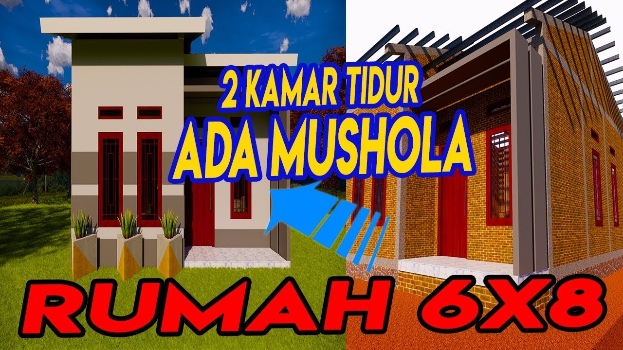 Desain rumah minimalis 6x8 meter, denah rumah 2 kamar dengan mushola minimalis