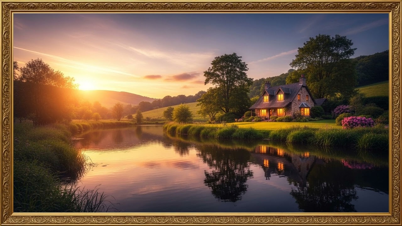 Serene Evening Estate with Calm River Mirror Effect
