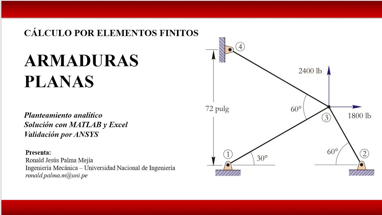 🔰𝐄𝐋𝐄𝐌𝐄𝐍𝐓𝐎𝐒 𝐅𝐈𝐍𝐈𝐓𝐎𝐒🔰. Armaduras Planas. Solución Analítica con MATLAB y Excel / Validación por ANSYS