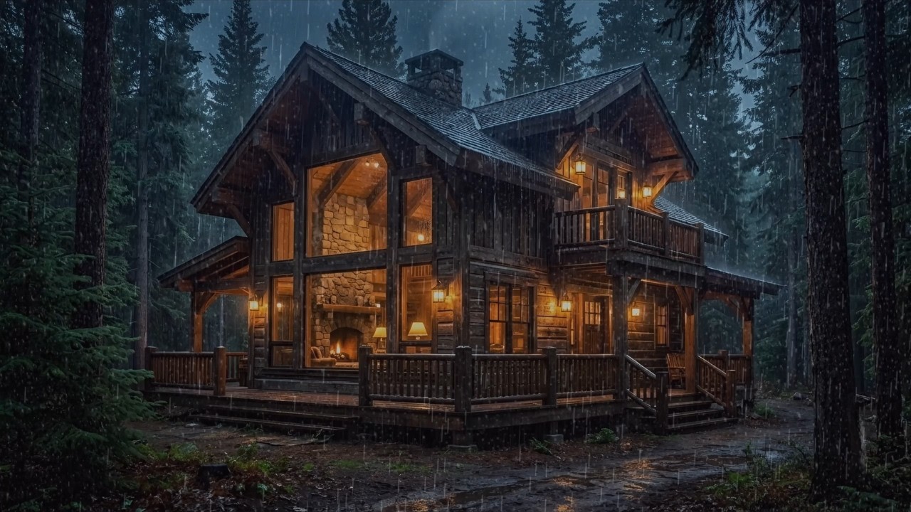 Rainy Forest Cabin at Night 🌧️ Cozy Fireplace & Heavy Rain Sounds (6 Hours)