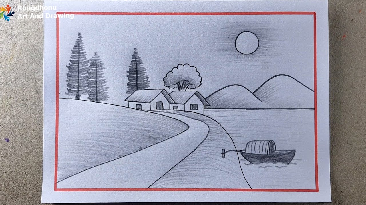 Простой рисунок деревенского пейзажа карандашом | Легкий пейзаж шаг за шагом