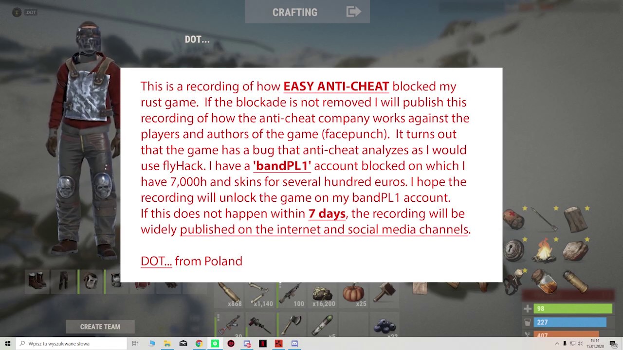 what i have flyHack BAN from EASY ANTI-CHEAT !   (i just fly and crush)