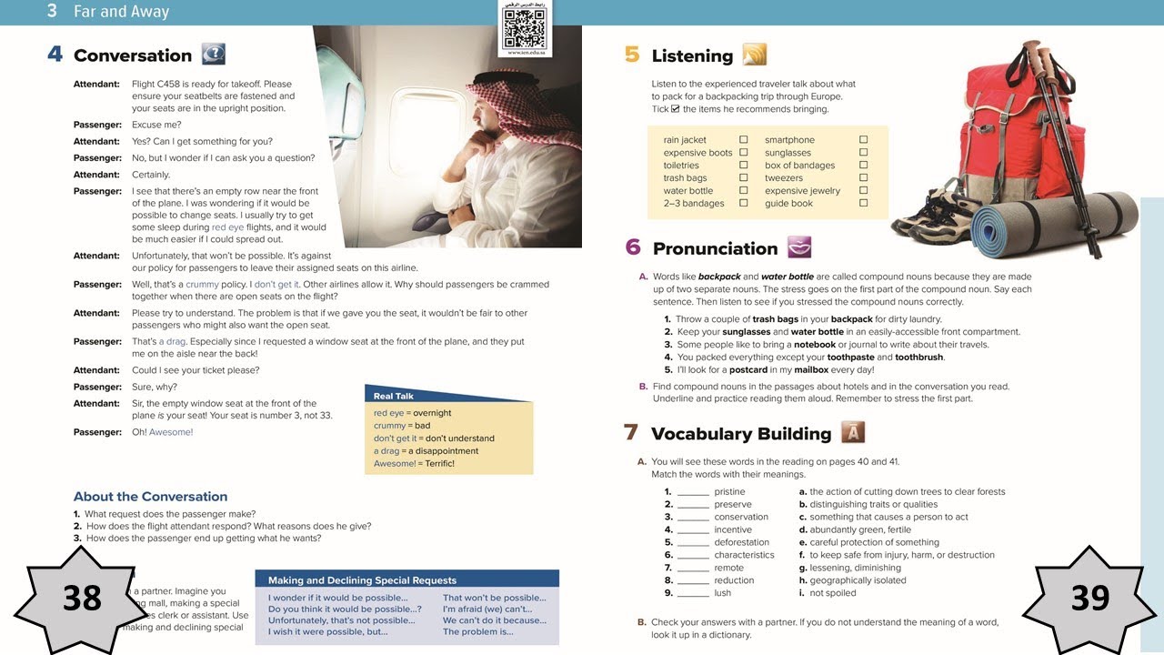 الوحدة الثالثة - Mega goal 3Far and away - الدرس الثالث conversation - pages  38& 39