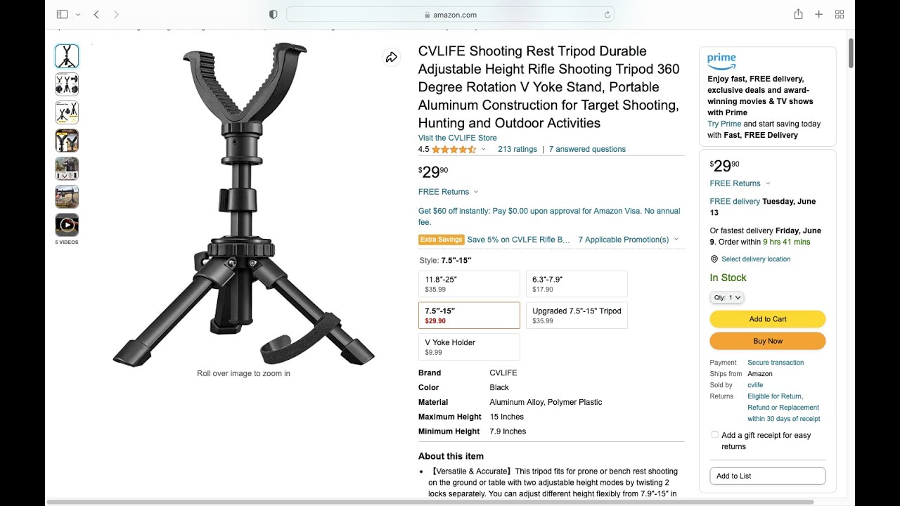 CVLIFE SHOOTING REST TRIPOD DURABLE ADJUSTABLE HEIGHT RIFLE SHOOTING TRIPOD