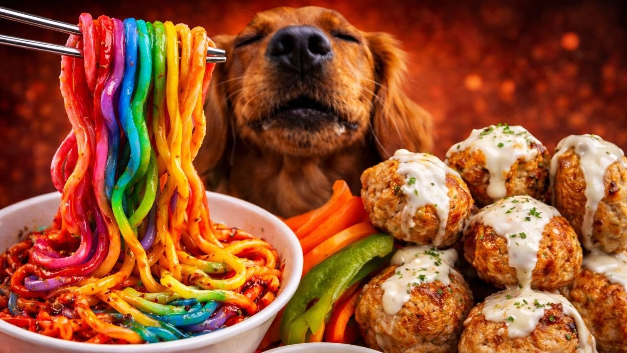 ASMR Mukbang | Honey The Red Golden Eats Rainbow Noodles And Beef Meatballs
