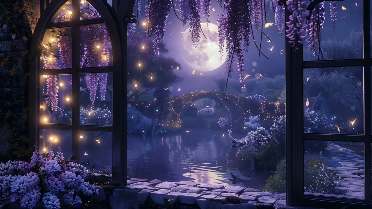 Magical Moonlit Lake ✨🌕 | Peaceful Fantasy Music | Fake Window Night Ambience