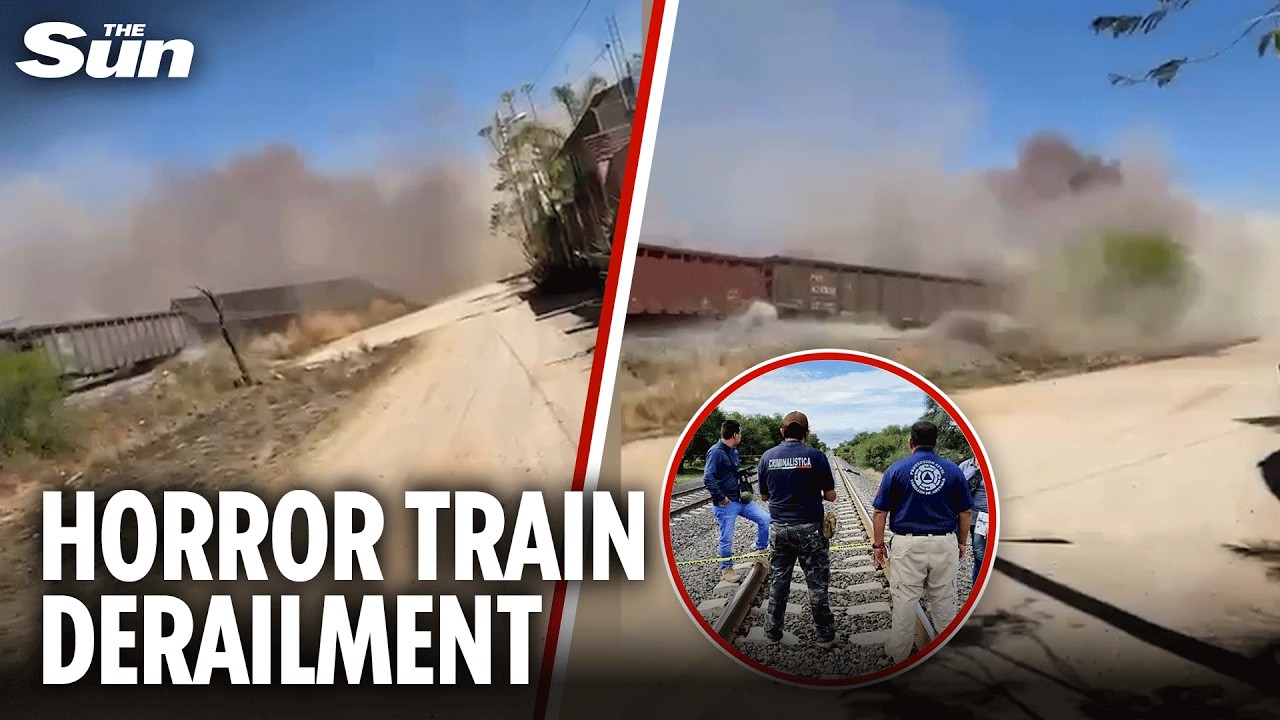 Terrifying moment train plunges into a cloud of dust as carriages derail and roll down embankment