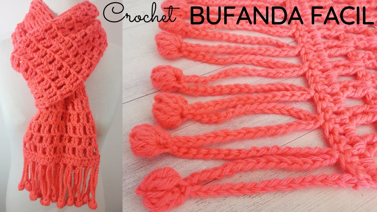 Bufanda fácil a crochet con flecos de pompones