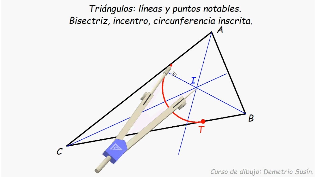 Triángulos: líneas y puntos notables. Bisectriz, incentro, circunferencia inscrita. Tutorial fácil.
