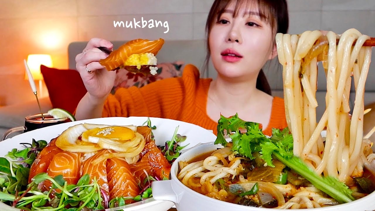 직접 만든 연어장, 얼큰한 김치우동🌶, 바삭한 돈까스 먹방, 빵 맛집 가기🥯Marinated Salmon, Kimchi Udon, Pork cutlet MUKBANGㅣASMR