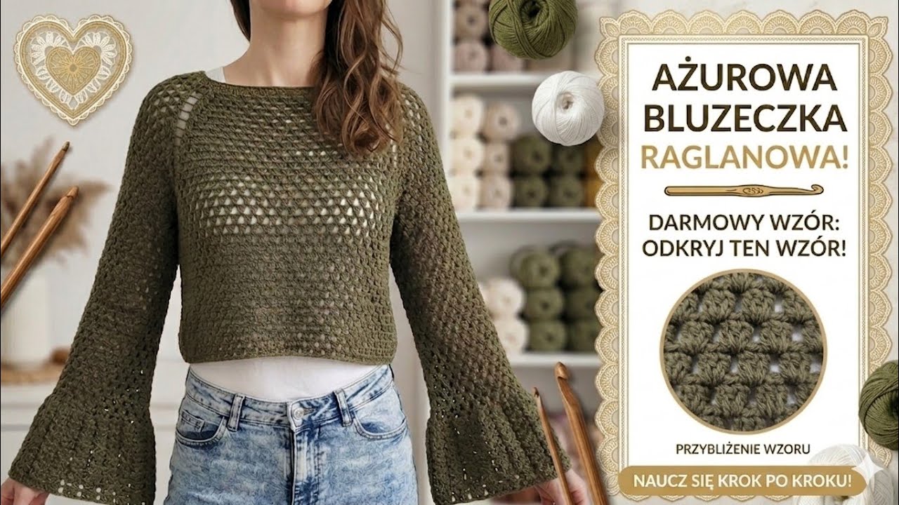 NR/63 Siateczkowa Bluzka Top Bąbelkowy Sweter na szydełku Reglan od góry / Crochet Raglan Top Blouse