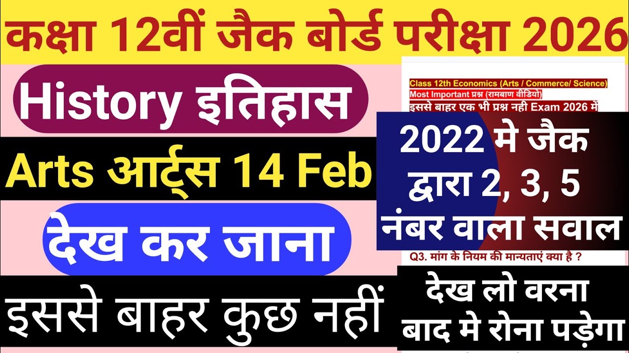 JAC Board Class 12 History Subjective प्रश्न  2026 Exam 14 Feb || Class 12 MCQ HitVVI इतिहास 14 Feb