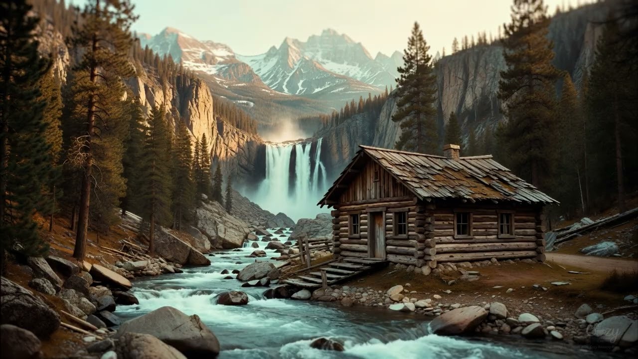 Cozy Cabin by Epic Waterfall River 🏔️ Mountain Ambience | Relaxing ASMR Sleep