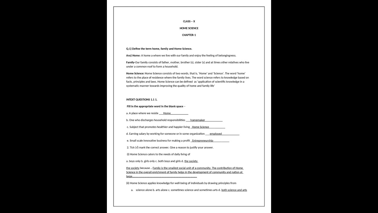 NIOS CLASS X HOME SCIENCE CH 1 ANSWERS