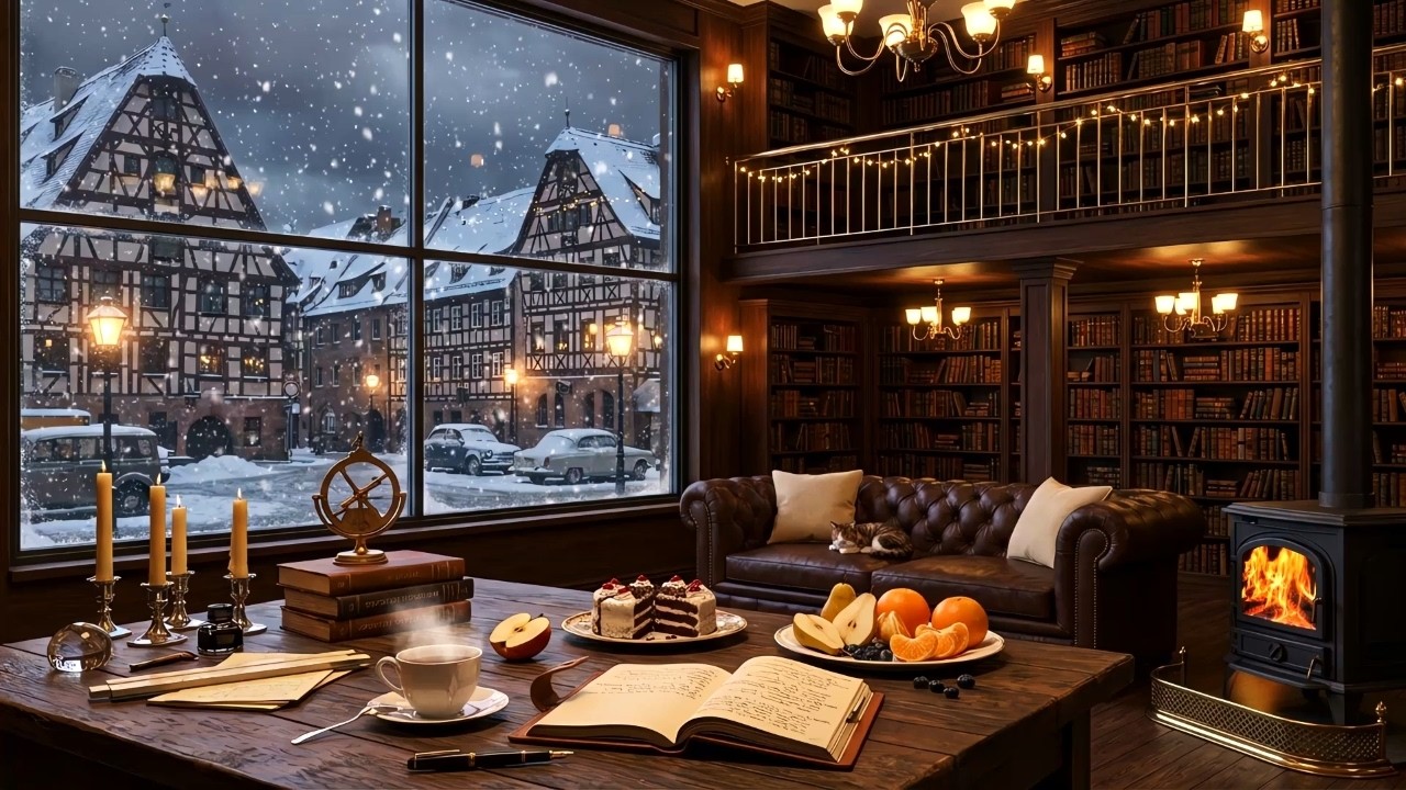 Cozy Library Café Ambience ☕ Smooth Winter Jazz Piano & Fireplace Sounds for Reading and Focus