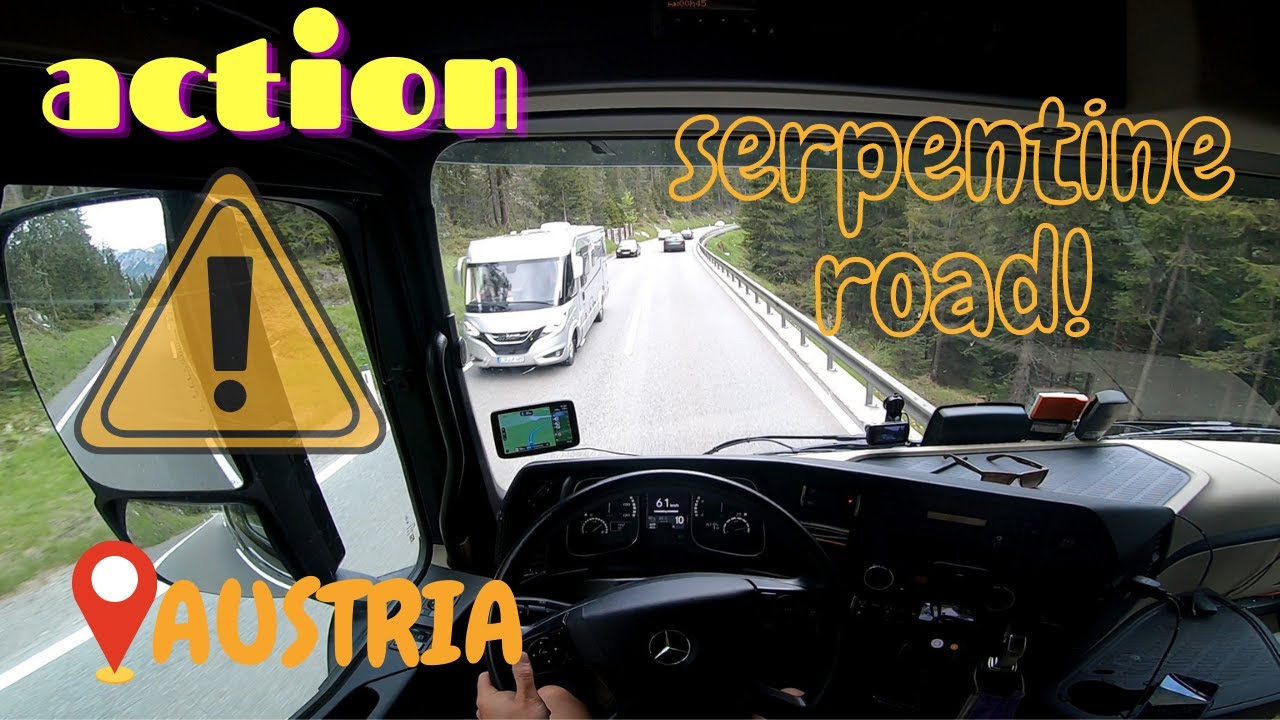 ACTION POV TRUCK DRIVING. AUSTRIAN SERPENTINE  ROAD. MERCEDES ACTROS.