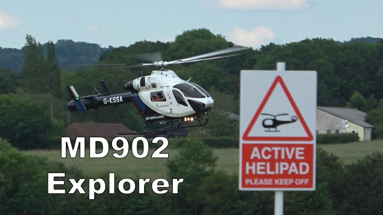 Air Ambulance MD902 helicopter startup, takeoff and landing G-KSSA