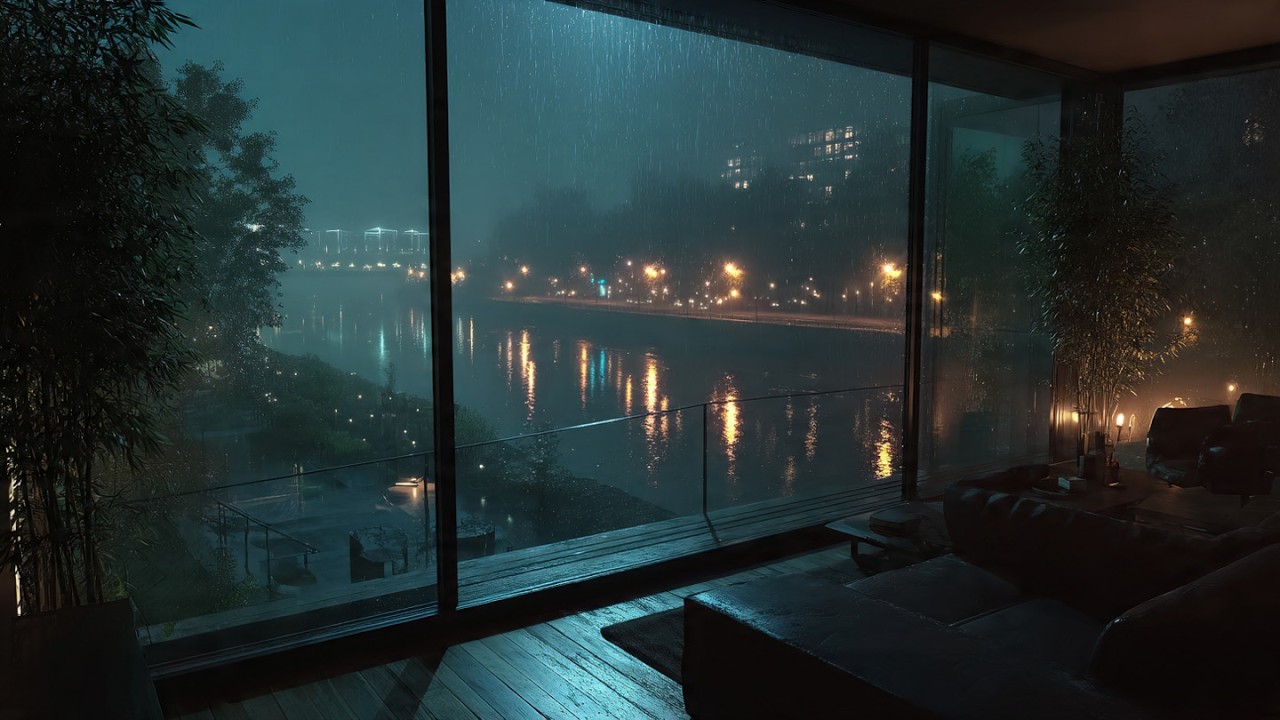 Rainy Night by the River | Cozy Modern House Balcony Rain Sounds for Sleep