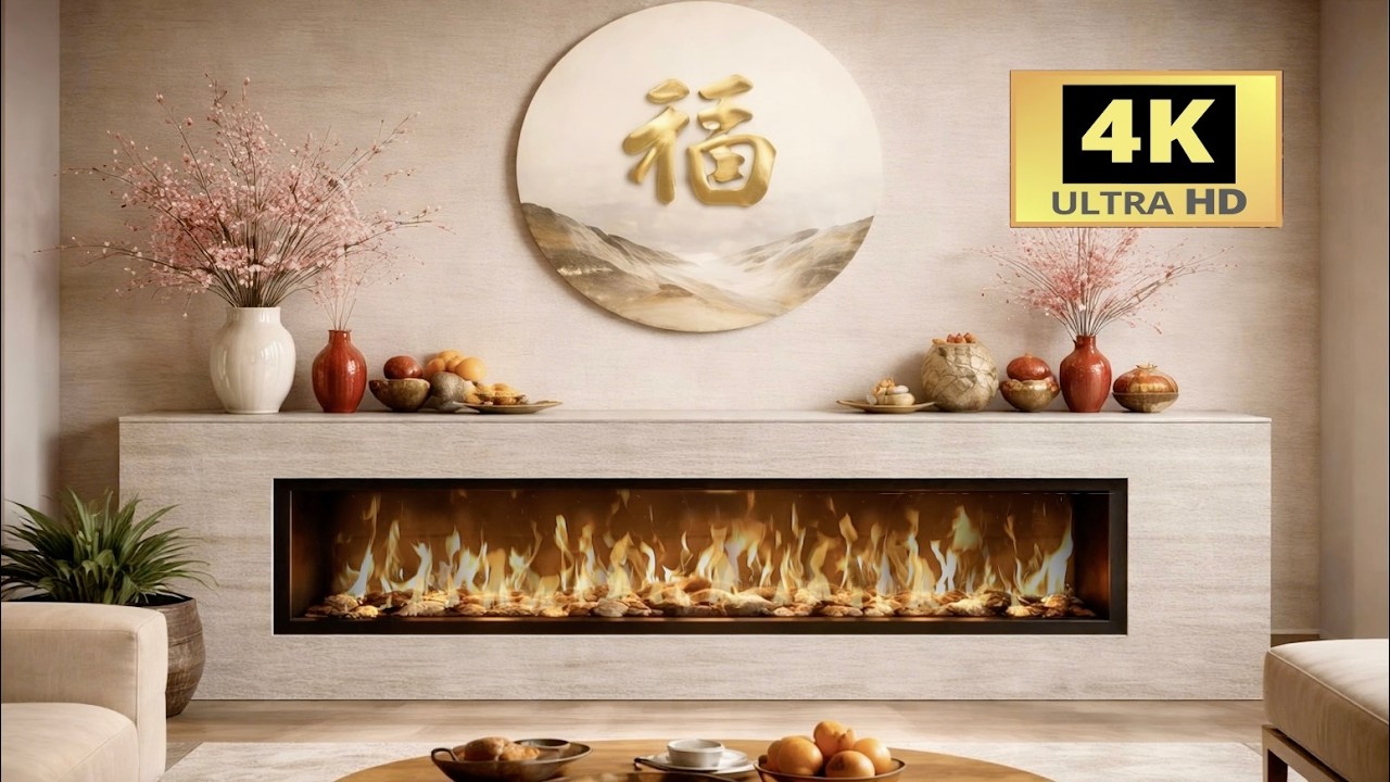 Lunar New Year Fireplace 4K – 9 Hours of Modern Fire Ambience & Prosperity Decor