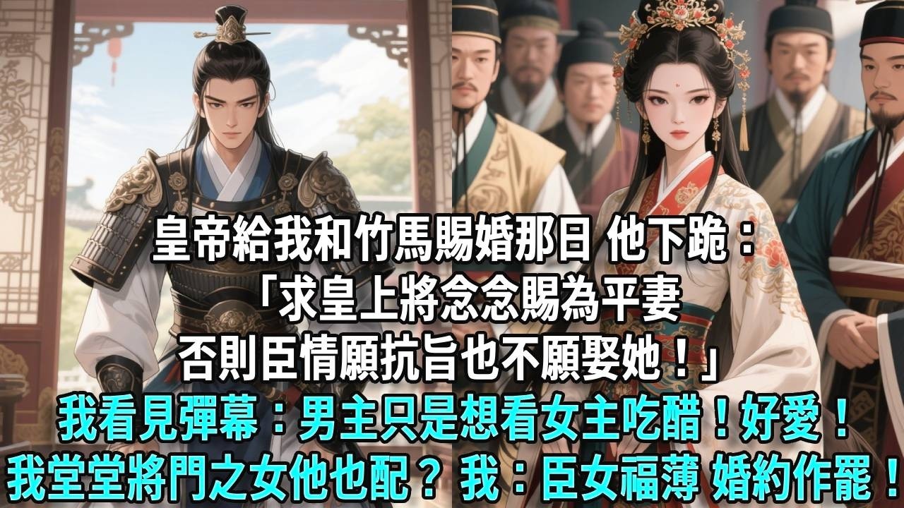 皇帝給我和竹馬賜婚那日，他下跪：「求皇上將念念賜為平妻，否則，臣情願抗旨也不願娶她！」我還沒反應過來就看見彈幕：男主只是想看女主吃醋！好愛！我堂堂將門之女他也配？我：臣女福薄 婚約作罷！