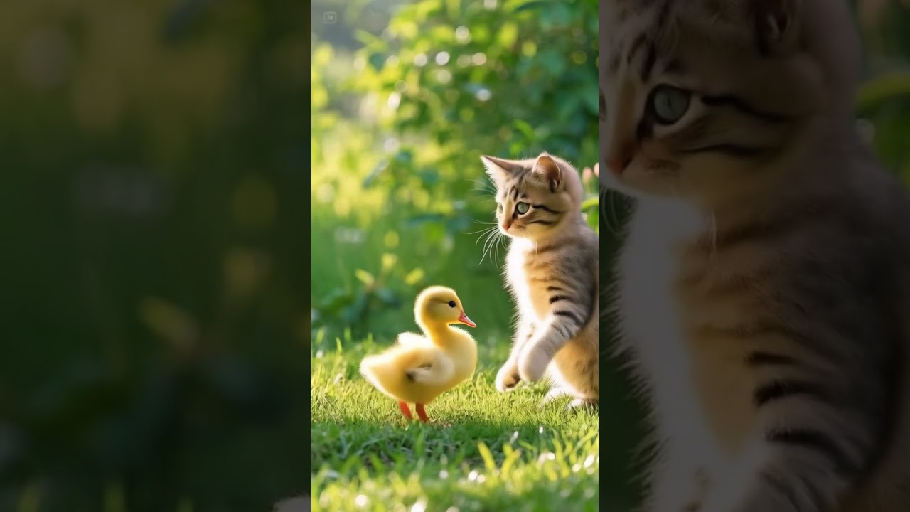 Cute kittens and ducklings play ball