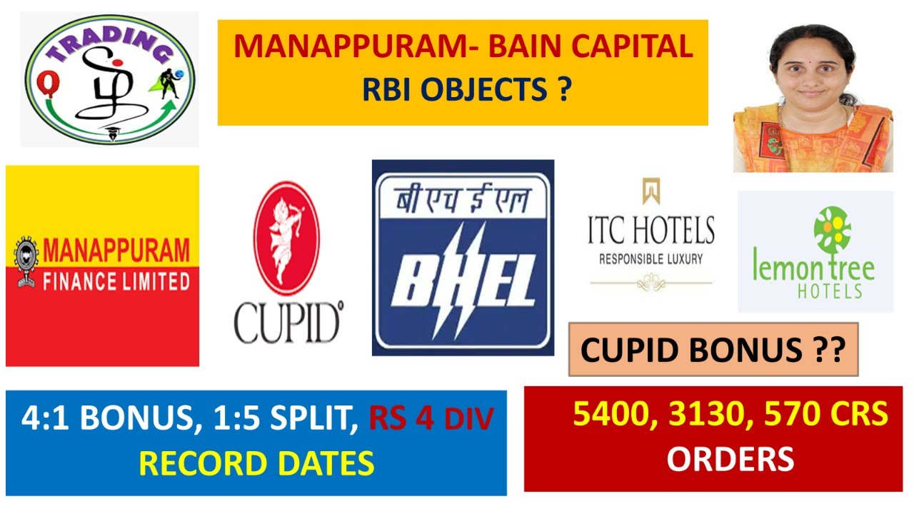 4:1 BONUS, 1:5 SPLIT, CUPID BONUS, MANNAPURAM, LEMON TREE ITC HOTELS #cupid #manappuramfinance #bhel