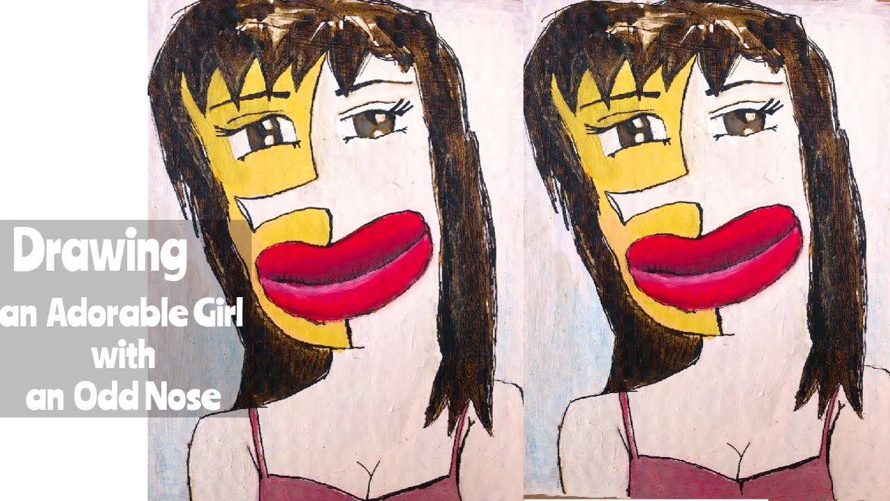 Drawing a Funny Acrylic Painting , Adorable Girl with an Odd Nose | Whimsical Art Tutorial