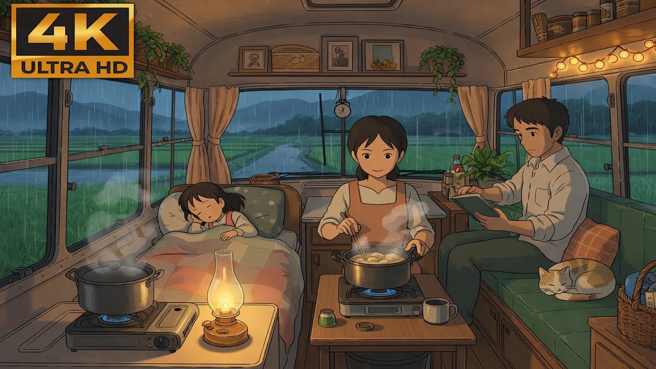 A Rainy Day in Our Mobile Home | Ghibli Style ASMR