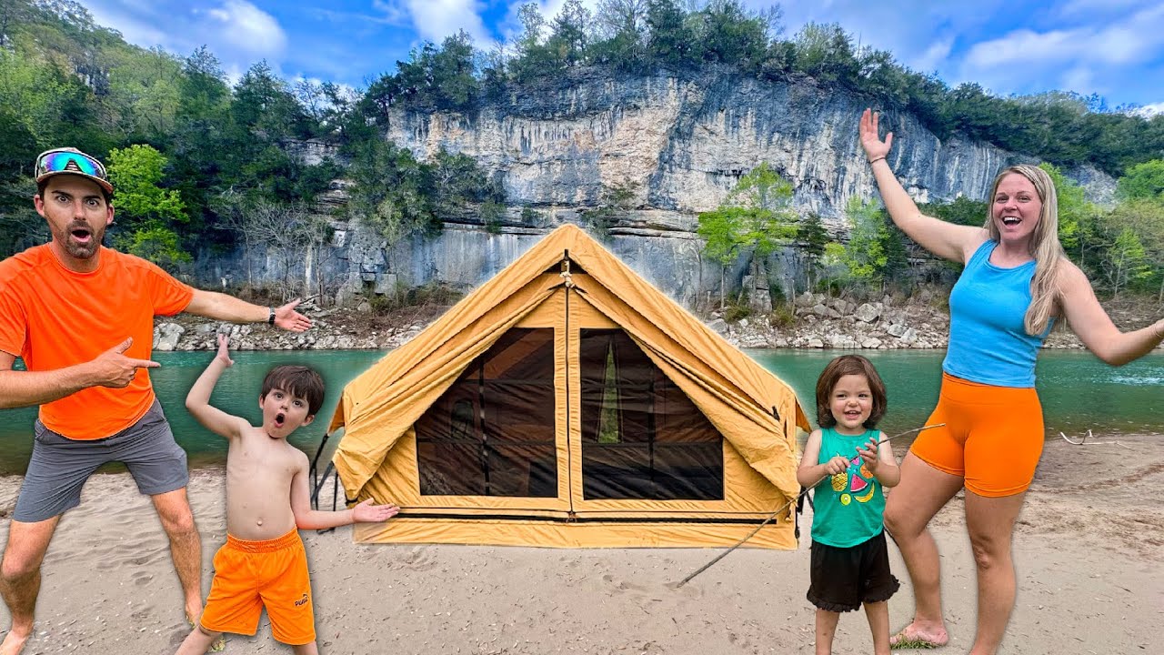 Surviving 24 Hours RIVERBANK CAMPING in Massive Inflatable Tent! - (Fishing & Snake Wrangling!)