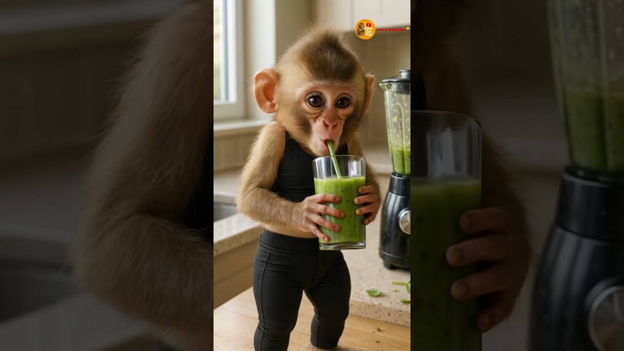 🐵💪 Baby Monkey Bubu Drinks a Smoothie in Fitness Gear 🥤😂 | Cute & Funny Animal Video