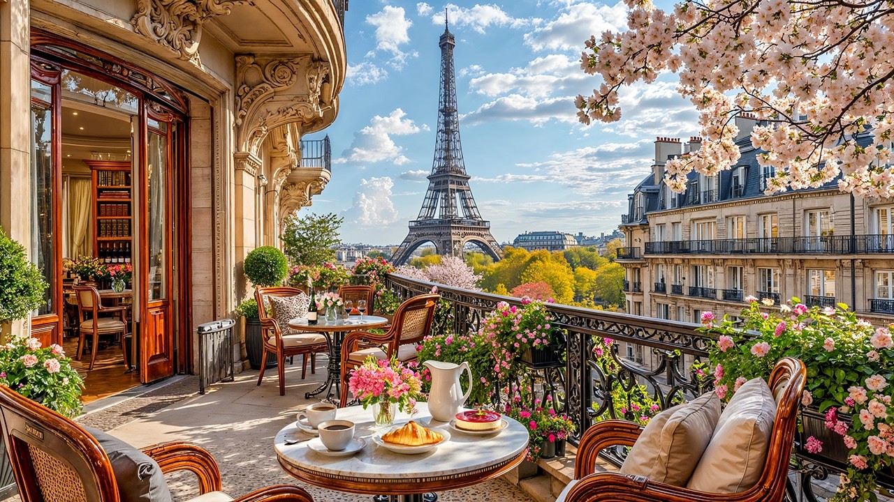Paris Spring Caf&eacute; Morning Jazz ☕ Eiffel Tower View Ambience & Smooth Jazz Music for Study & Work