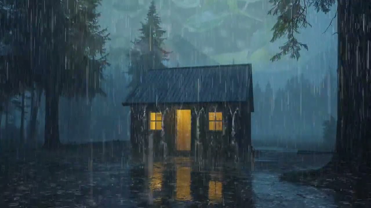 Night Cabin Rain with Soft Thunder – Relaxing Ambience
