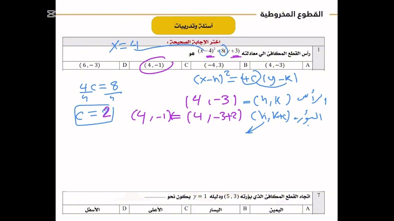 اختبار رياضيات ثالث ثانوي سؤال مقالي القطع المكافئ