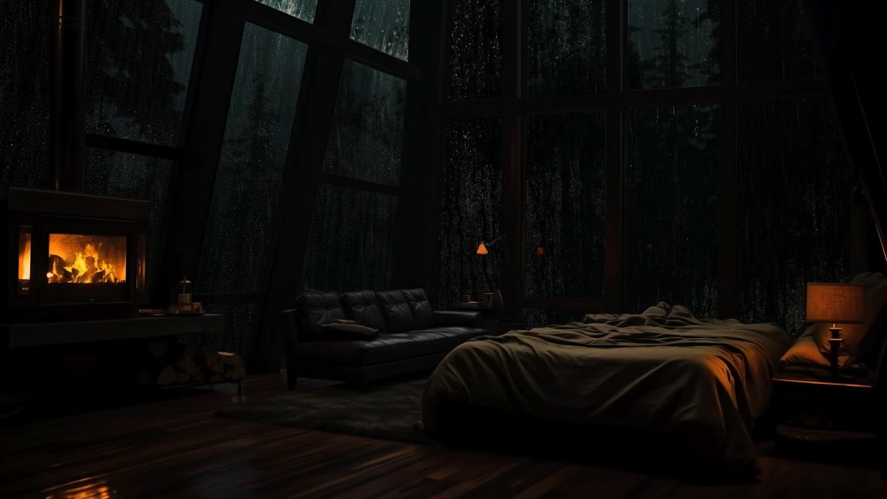 Alpine Hideaway Storm Shower⛈️| Warm Chimney Relaxation Sounds To Relief, Relax, Breathe