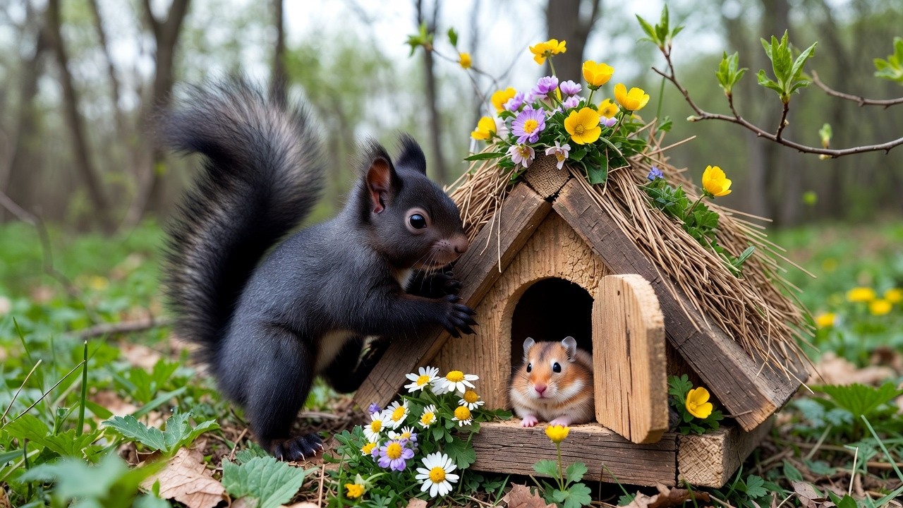 TOO CUTE! Hamster & Black Squirrel Living in a Miniature House | Adorable Spring Animal Moments