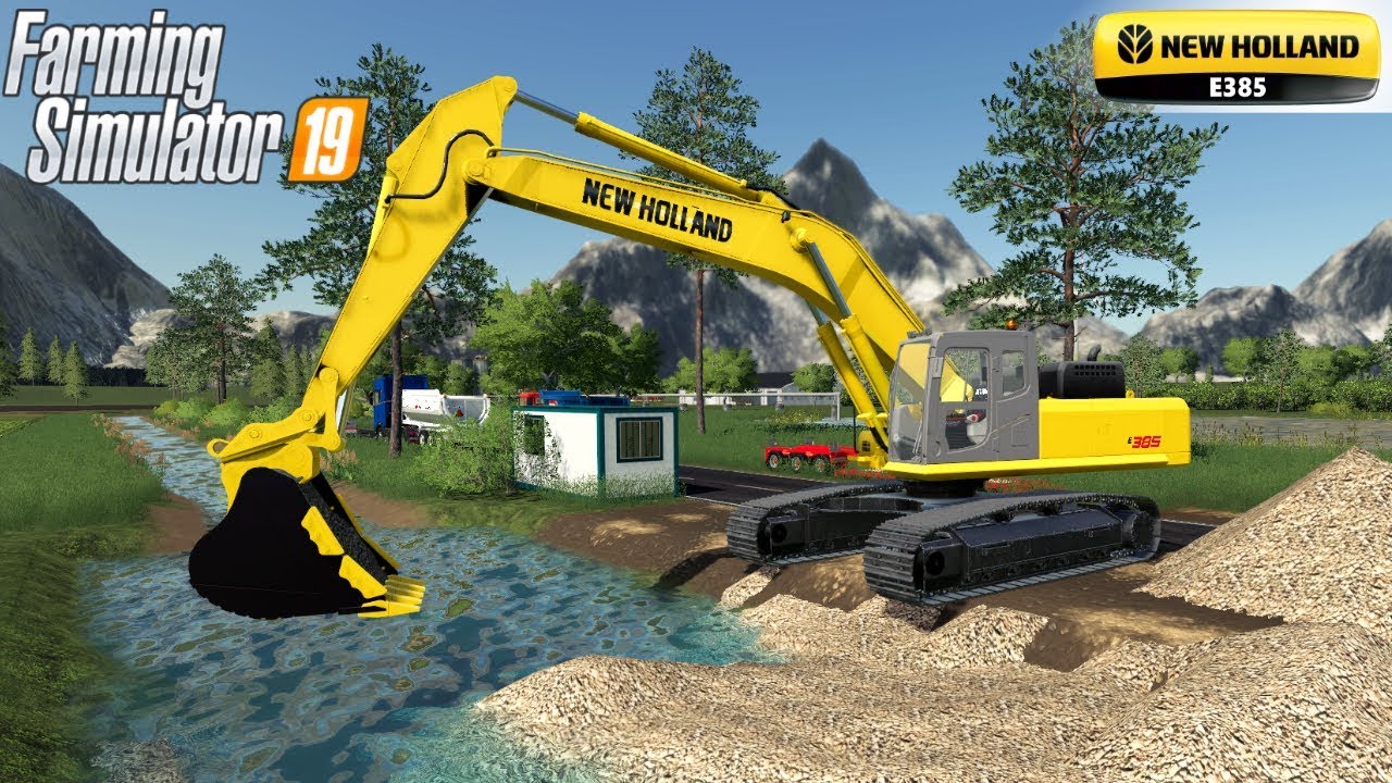 Farming Simulator 19 - NEW HOLLAND E385 Excavator Builds A Bridge Across The Water Channel