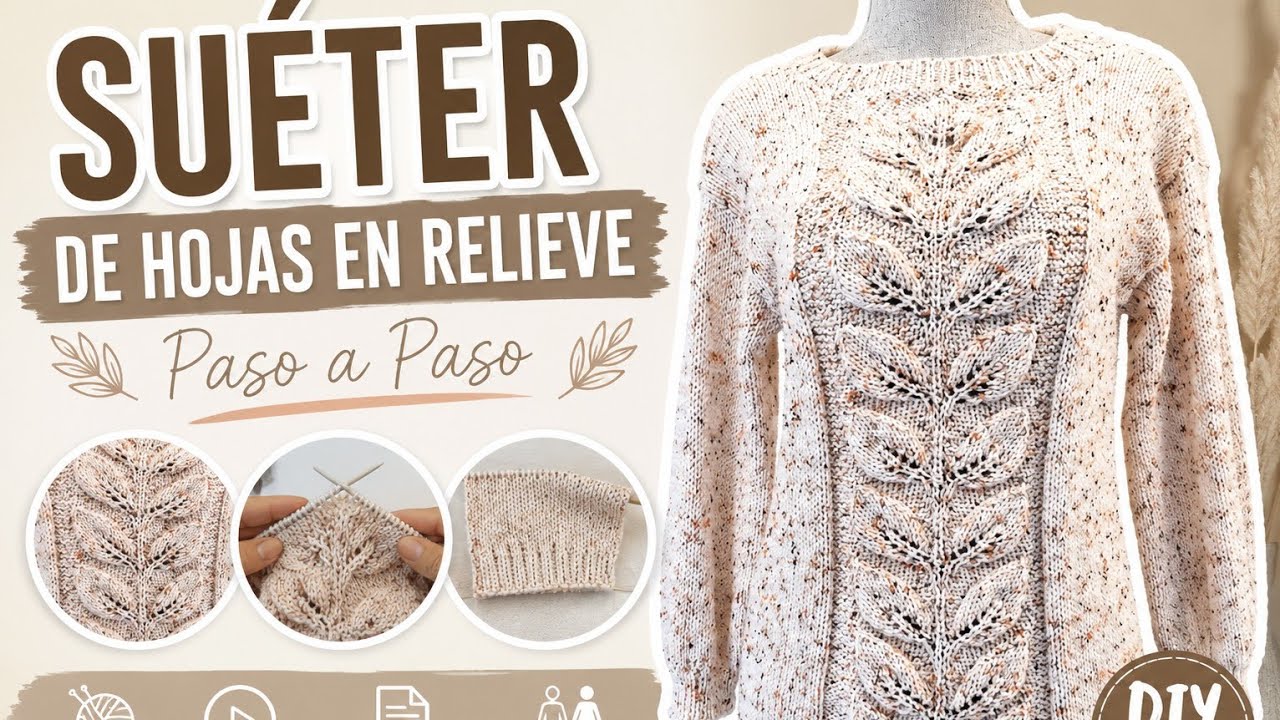 Como hacer Escote redondo a dos Agujas/ Suéter de Hojas
