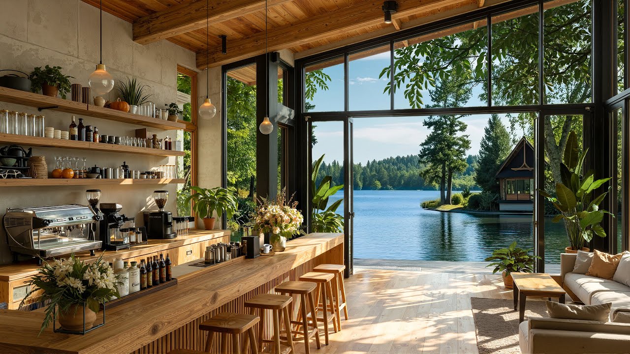 Elegant Indoor Jazz Cafe For Mental Ease | Soft Jazz Music With Fresh Breeze Lake For Relaxation