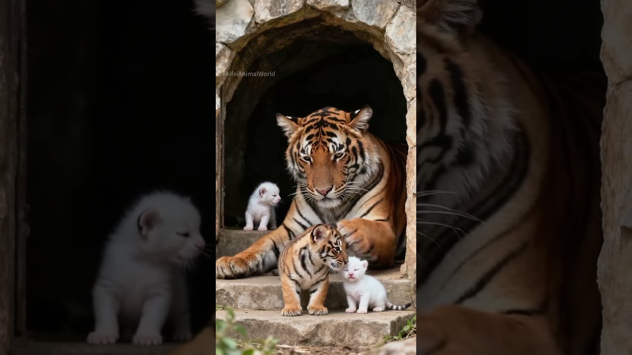 A Heartwarming Scene: Tiger and Kittens Sharing a Cozy Cave