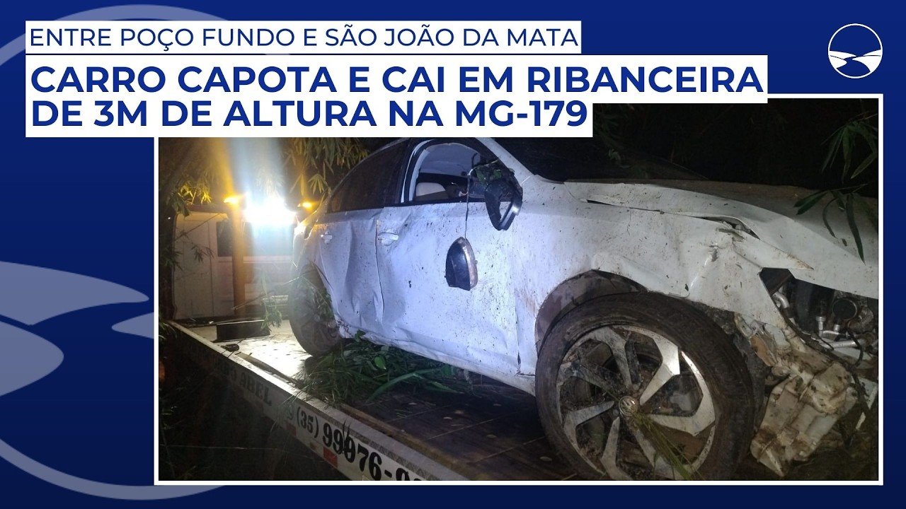 Carro capota e cai em ribanceira de 3 metros de altura na MG-179, entre Poço Fundo e S. J. da Mata
